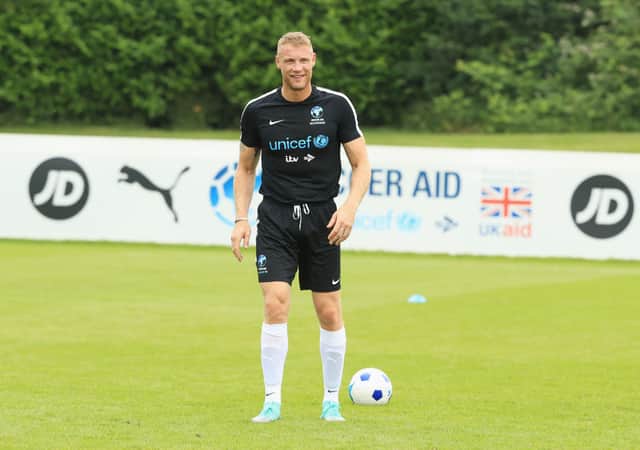 Freddie Flintoff of England takes part in training during a Soccer Aid for UNICEF media session at Fulham FC training ground on June 7, 2018 in New Malden, England.  (Photo by Andrew Redington/Getty Images)