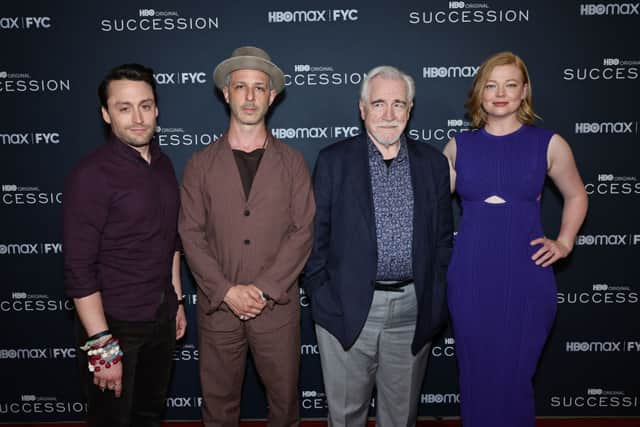 The cast of the hit show, Succession. Brian Cox (who plays Logan Roy) is surrounded by Kieran Culkin, Jeremy Strong and Sarah Snook. (Photo by Theo Wargo/Getty Images)