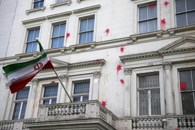 The facade of the Iranian embassy in London is stained with red paint on September 26, 2022, following the death of Mahsa Amini. Credit: Getty Images