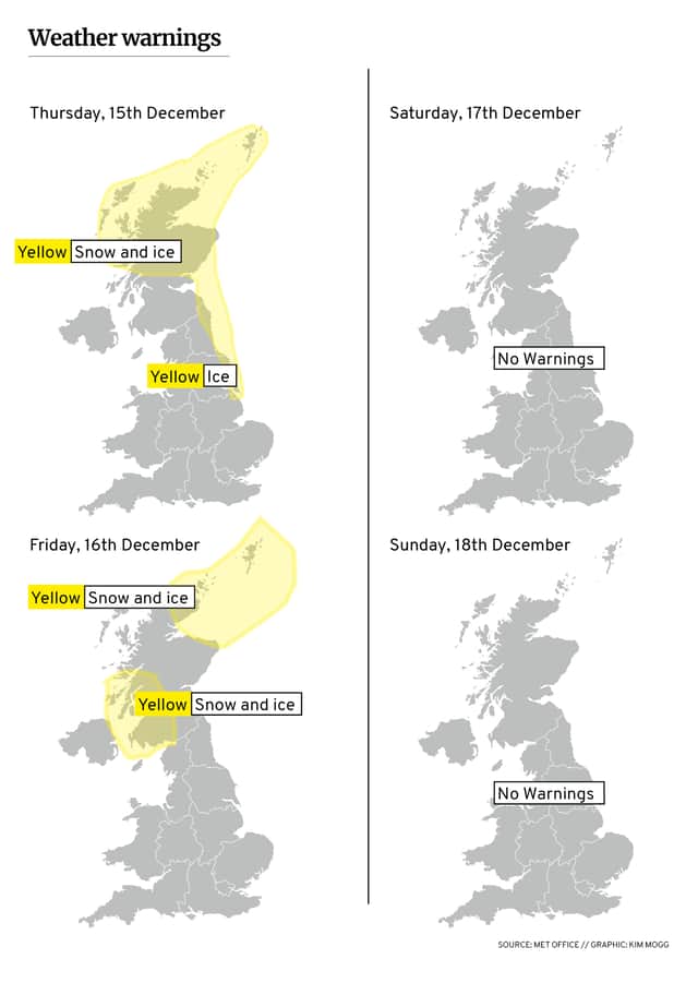 The Met Office have released a series of weather warnings in relation to snow and ice. (Graphic by Kim Mogg)