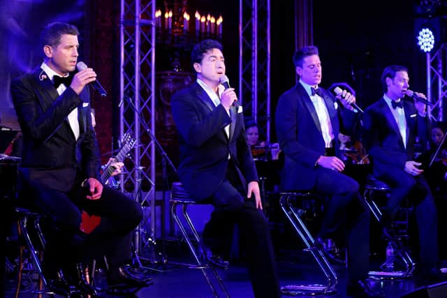 LONDON, UNITED KINGDOM - JUNE 3:  Sebastien Izambard, Carlos Marin, David Miller and Urs Buhler of Il Divo perform during a reception for the Royal National Institute for the Blind at St James Palace on June 3, 2013 in London, England. (Photo by Jonathan Brady - WPA Pool/Getty Images)