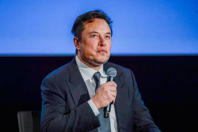 Elon Musk looks up as he addresses guests at the Offshore Northern Seas 2022 (ONS) meeting in Stavanger, Norway on August 29, 2022 (Photo by CARINA JOHANSEN/NTB/AFP via Getty Images)