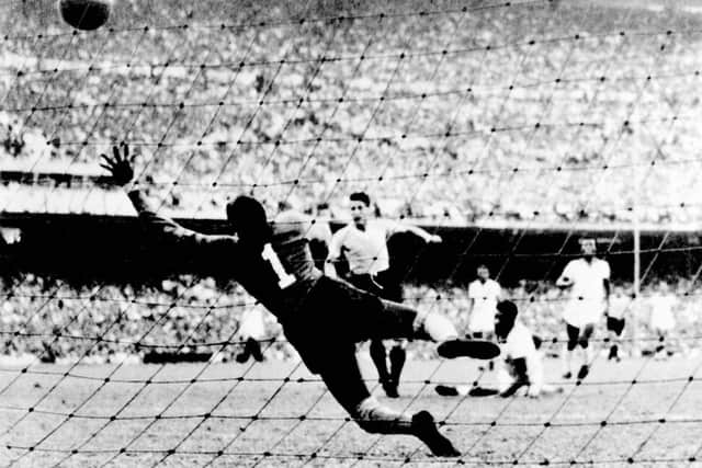 Uruguayan Juan “Pepe” Schiaffino scores the first goal against Brazil, during the 1950 World Cup. (Getty Images)