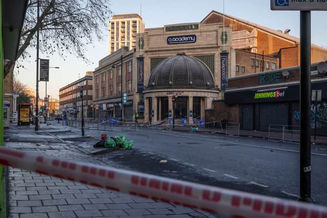 LONDON, ENGLAND - DECEMBER 16: Brixton's 02 Academy is cordoned by police off on December 16, 2022 at the Brixton O2 Academy in London, England. Police were called to the venue last night after a suspected crushing incident during a performance by the Nigerian Afrobeats singer Asake. Eight people were taken to hospital, four in critical condition. (Photo by Dan Kitwood/Getty Images)