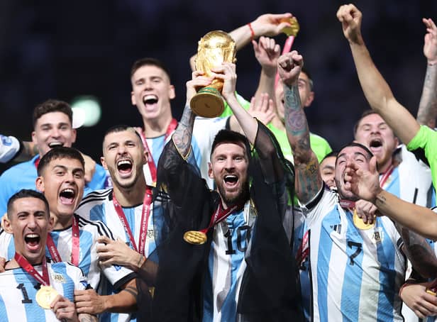 <p>Lionel Messi of Argentina lifts the FIFA World Cup Qatar 2022 Winner’s Trophy. (Getty Images)</p>