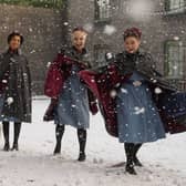 Nurse Lucille Anderson (Leoni Elliot), Nurse Trixie Franklin (Helen George), Nurse Nancy Corrigan (Megan Cusack), in the Call the Midwife Christmas Special (Photo: BBC / Neal Street Productions)