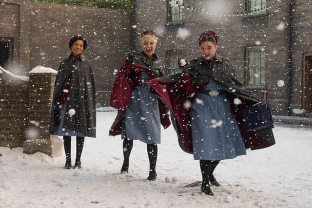 Nurse Lucille Anderson (Leoni Elliot), Nurse Trixie Franklin (Helen George), Nurse Nancy Corrigan (Megan Cusack), in the Call the Midwife Christmas Special (Photo: BBC / Neal Street Productions)