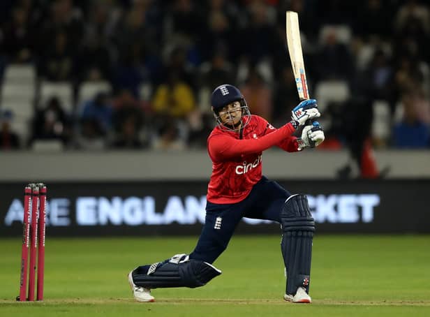 <p>England’s Sophia Dunkley top scored against West Indies</p>