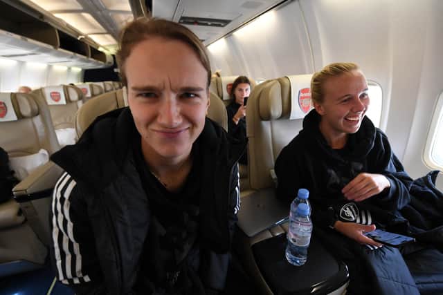 Vivianne Miedema and Beth Mead of Arsenal depart for Amsterdam from Stanstead Airport.