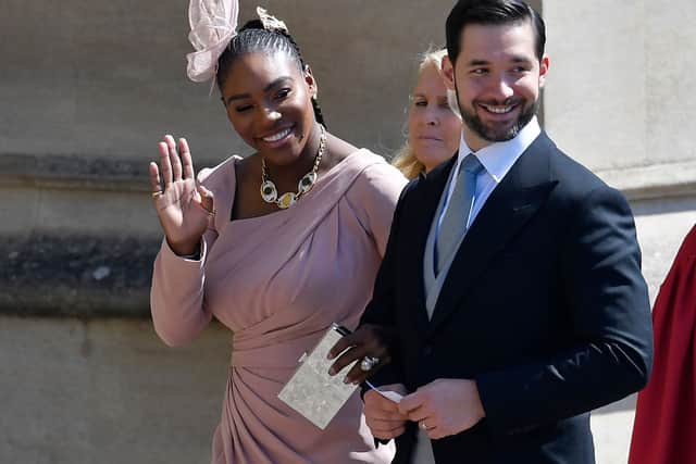 Serena Williams with husband Alexis Ohanian at the wedding of Meghan Markle to Prince Harry. (Photograph by TOBY MELVILLE/AFP via Getty Images)