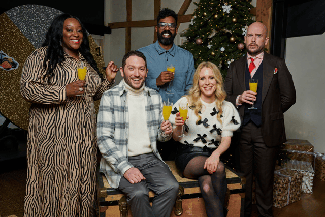 Judi Love, Jon Richardson, Romesh Ranganathan, Lucy Beaumont, and Tom Allen in Jon & Lucy’s Party of the Year (Credit: Channel 4)
