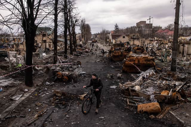 A devastated street in Ukraine, after an attack from Russia. Credit: Getty Images