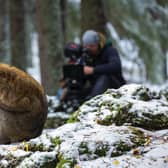 Behind the scenes of Macaque: Monkeys In The Mountains, Mark MacEwen films the macaques in the winter as they huddle together to keep warm (Credit:BBC Studios/Mary Melville)