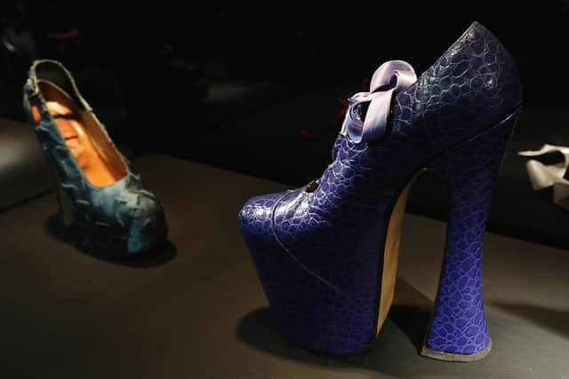The iconic Vivienne Westwood platform shoes that Naomi Campbell wore were displayed as part of a Vivienne Westwood Shoes: An Exhibition 1973-2010 at Selfridges in 2010. (Photo by Ian Gavan/Getty Images)