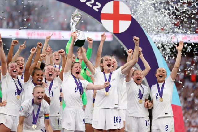 England’s Lionesses lift the trophy during the UEFA Women’s Euro 2022 final match. Credit: Getty Images