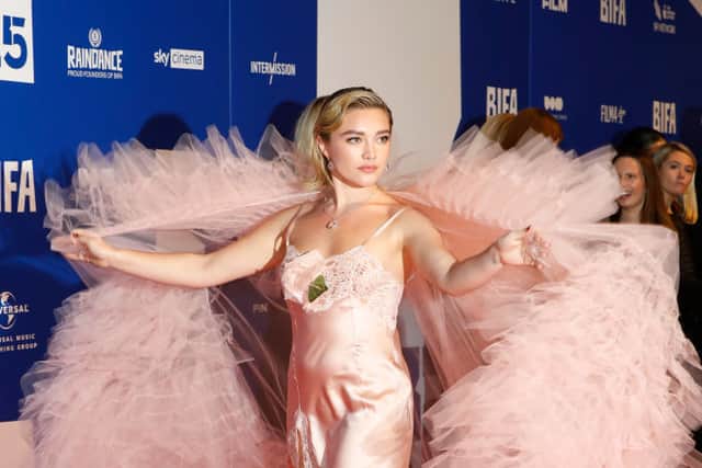 Florence Pugh looked pretty in pink Rodarte at the British Independent Film Awards. (Photo by Tristan Fewings/Getty Images)