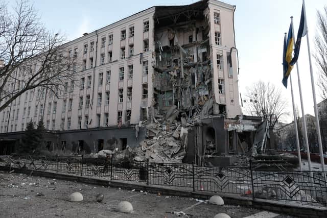 KYIV, UKRAINE - DECEMBER 31: Part of a hotel sits destroyed following a missile attack on New Yearâs Eve, December 31, 2022 in Kyiv, Ukraine. Kyiv Mayor Vitali Klitschko said in a statement that at least one person had been killed and another eight wounded in multiple afternoon explosions, with Russia continuing to target Ukraine's energy sector. (Photo by Spencer Platt/Getty Images)