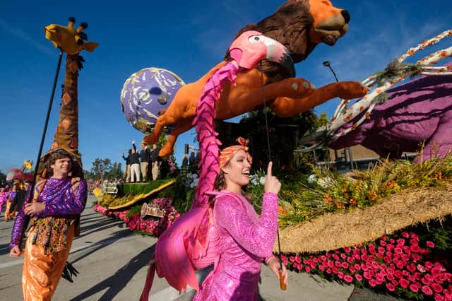 A float Creating Wildlife Allies participates in the 133rd Rose Parade in Pasadena, California, January 1, 2022. - The parade features floral floats, marching bands and equestrian units to ring in the New Year along the 5.5 mile (8.8 km) route along Colorado Blvd in Pasadena. (Photo by RINGO CHIU / AFP) (Photo by RINGO CHIU/AFP via Getty Images)