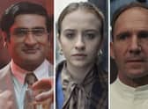 Kumail Nanjiani as Somen Bannerjee in Welcome to Chippendales, Máiréad Tyers as Jen in Extraordinary, and Ralph Fiennes as Julian Slowik in The Menu (Credit: Disney+)