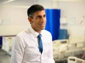 Prime Minister Rishi Sunak speaks to members of the media during his visit to Croydon University Hospital in south London. Credit: LEON NEAL/POOL/AFP via Getty Images