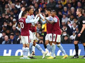 Douglas Luiz celebrates scoring Villa’s second goal against Spurs