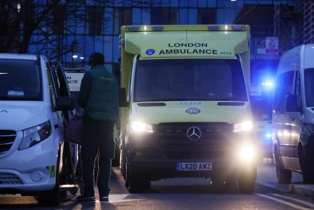 London Ambulances outside The Royal London Hospital on January 2, 2023 in London, England. NHS A&E departments are facing extreme pressures this winter. Credit: Getty Images