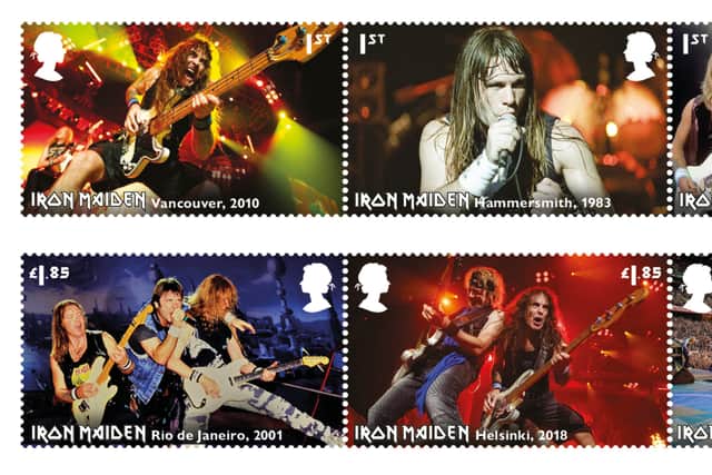 Eight of twelve new stamps , showing the band during their live performances, to honour British heavy metal band, Iron Maiden.
