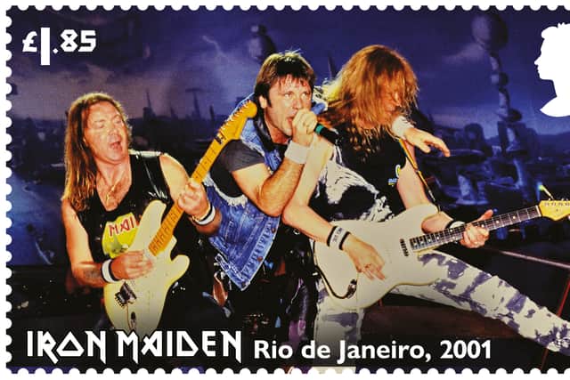 One of twelve new stamps , showing Dave Murray, Bruce Dickinson and Janick Gers in Rio de Janeiro, January 2001 , to honour British heavy metal band, Iron Maiden.