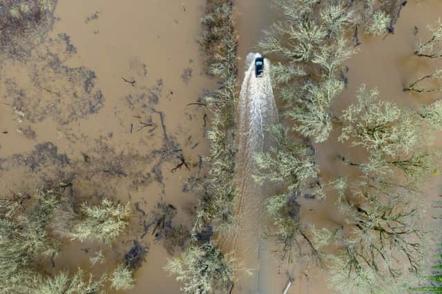 A vehicle drives on a flooded road in Sebastopol, California. Credit: JOSH EDELSON/AFP via Getty Images