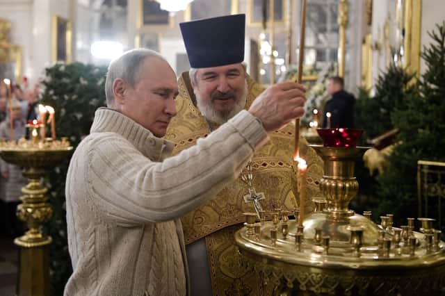 Russian President Vladimir Putin attends a Christmas liturgy at the Transfiguration Cathedral in Saint Petersburg in 2020 (Photo: ALEXEY NIKOLSKY/SPUTNIK/AFP via Getty Images)