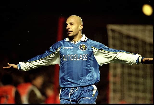 Gianluca Vialli scores for Chelsea as player manager. Credit: Gary M Prior/Allsport/Getty