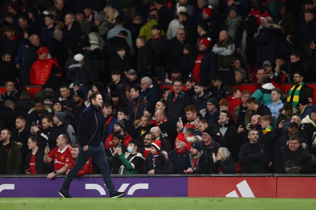 MANCHESTER, ENGLAND - JANUARY 06: Frank Lampard, Manager of Everton leaves the pitch at half time during the Emirates FA Cup Third Round match between Manchester United and Everton at Old Trafford on January 06, 2023 in Manchester, England. (Photo by Naomi Baker/Getty Images)