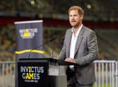 Prince Harry, Duke of Sussex speaks on stage during the press conference at the Invictus Games Dusseldorf 2023 - One Year To Go events, on September 06, 2022 in Dusseldorf, Germany. The Invictus Games is an international multi-sport event first held in 2014, for wounded, injured and sick servicemen and women, both serving and veterans. The Games were founded by Prince Harry, Duke of Sussex who's inspiration came from his visit to the Warrior Games in the United States, where he witnessed the ability of sport to help both psychologically and physically. (Photo by Joshua Sammer/Getty Images for Invictus Games Dusseldorf 2023)