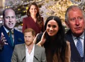 Composite image featuring Prince Harry with his wife Meghan Markle, King Charles, Prince William and Kate, Princess of Wales. Picture: National World graphics team