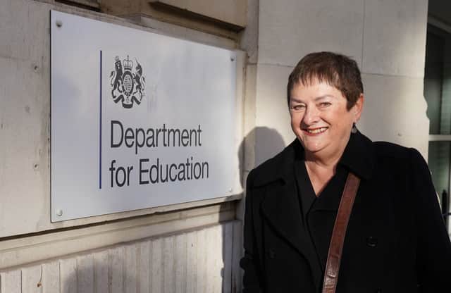 Mary Bousted, joint general secretary of the National Education Union (NEU) arrives at the Department for Education in Westminster, London, for a meeting between members of education unions and Education Secretary Gillian Keegan ahead of strike ballot results. Credit: PA
