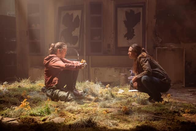 Bella Ramsey as Ellie and Anna Torv as Tess in The Last of Us, sat in a clearing under a beam of light (Credit: HBO)