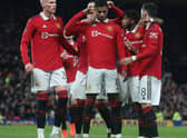 Marcus Rashford and United celebrate scoring against Everton in FA Cup