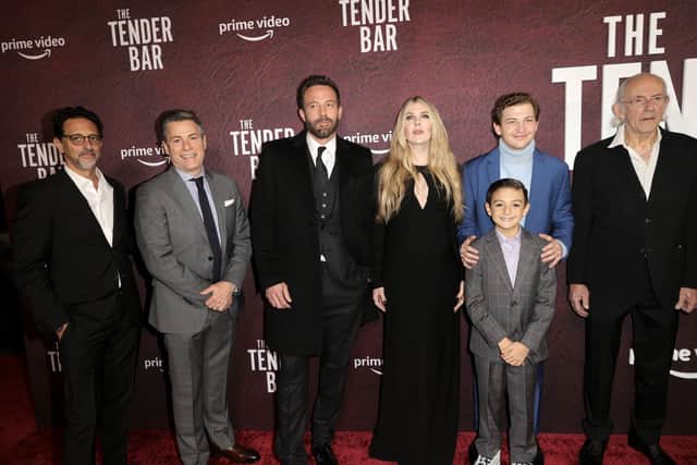 (L-R) Grant Heslov, J.R. Moehringer, Ben Affleck, Lily Rabe, Tye Sheridan, Daniel Ranieri, and Christopher Lloyd attend the Los Angeles premiere of Amazon Studio’s “The Tender Bar” at TCL Chinese Theatre on December 12, 2021 in Hollywood, California. (Photo by Kevin Winter/Getty Images)
