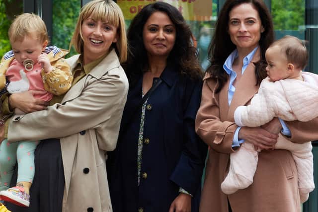 Lisa McGrillis as Helen Cavendish, Parminder Nagra as Maryam Afridi, and Lara Pulver as Catherine MacDiarmid in Maternal (Credit: ITV)