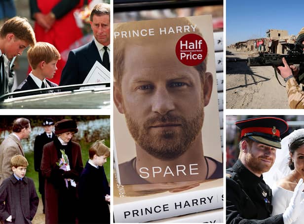 <p>Prince Harry’s memoir Spare, his time in Afghanistan, his wedding with Meghan Markle,  and with Prince William during Princess Diana’s funeral (Getty Images)</p>
