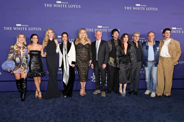 Haley Lu Richardson, Simona Tabasco, Meghann Fahy, Beatrice Grannò, Jennifer Coolidge, Mike White, Will Sharpe, Sabrina Impacciatore, Michael Imperioli, F. Murray Abraham, and Adam DiMarco attend the Los Angeles Season 2 Premiere of HBO Original Series "The White Lotus" at Goya Studios on October 20, 2022 in Los Angeles, California. (Photo by Amy Sussman/Getty Images)