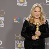 Jennifer Coolidge poses with the award for Best Supporting Actress - Television Limited Series/Motion Picture for "The White Lotus" in the press room during the 80th Annual Golden Globe Awards at The Beverly Hilton on January 10, 2023 in Beverly Hills, California. (Photo by Amy Sussman/Getty Images)