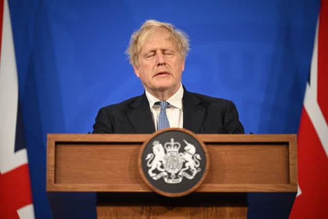 Prime Minister Boris Johnson at a press conference in response to the publication of Sue Gray’s report Into “Partygate” at Downing Street on May 25, 2022 in London, England. Credit: Getty Images