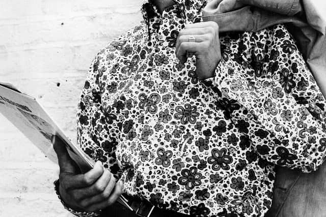 Circa 1966:  Jeff Beck, lead guitarist with British rhythm and blues group The Yardbirds, models a flowered shirt by John Stephen.  (Photo by Keystone/Getty Images)