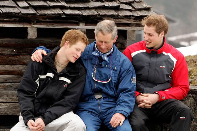 Looking at this photograph from a ski holiday in 2005, it is sad to see how the relationship between Prince Harry and his father King Charles and his brother Prince William has changed so dramtically. (Photo by Pascal Le Segretain/Getty Images)