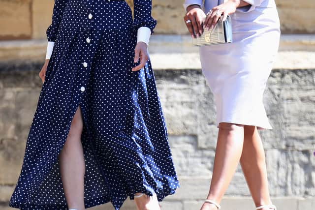 Meghan Markle's friend, US actress Abigail Spencer and Meghan Markle's friend, Indian actress Priyanka Chopra (R) arrive for the wedding ceremony of Britain's Prince Harry, Duke of Sussex and US actress Meghan Markle at St George's Chapel, Windsor Castle, in Windsor, on May 19, 2018. (Photo by CHRIS JACKSON / POOL / AFP) (Photo credit: CHRIS JACKSON/AFP via Getty Images)