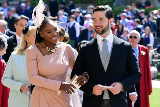 US tennis player Serena Williams and her husband Alexis Ohanian arrive for the wedding ceremony of Britain's Prince Harry, Duke of Sussex and US actress Meghan Markle at St George's Chapel, Windsor Castle, in Windsor, on May 19, 2018. (Photo by Ian West / POOL / AFP) (Photo credit: IAN WEST/AFP via Getty Images)