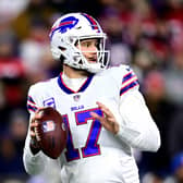 Quarterback Josh Allen #17 of the Buffalo Bills drops back to pass in the first quarter against the New England Patriots at Gillette Stadium on December 01, 2022 in Foxborough, Massachusetts. (Photo by Billie Weiss/Getty Images)