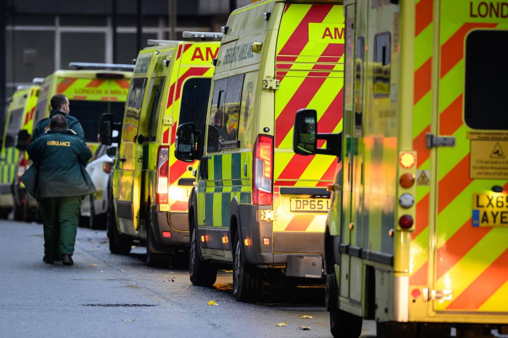 A queue of ambulances outside the Royal London Hospital emergency department (Photo by Leon Neal/Getty Images)