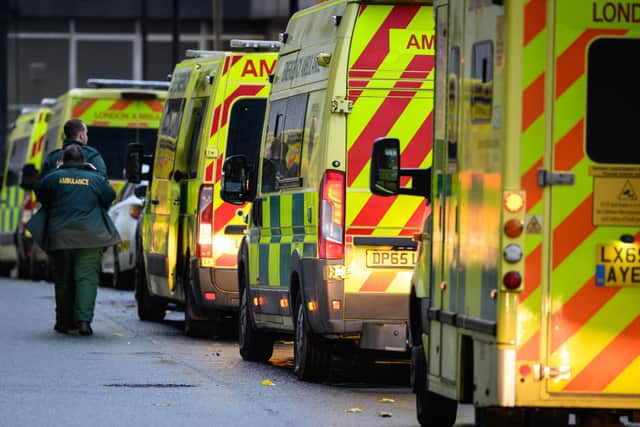 A queue of ambulances outside the Royal London Hospital emergency department on November 24, 2022 in London, England. (Photo by Leon Neal/Getty Images)